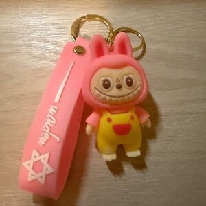 Pink Bunny Character Keychain with Yellow Overalls. NWOT